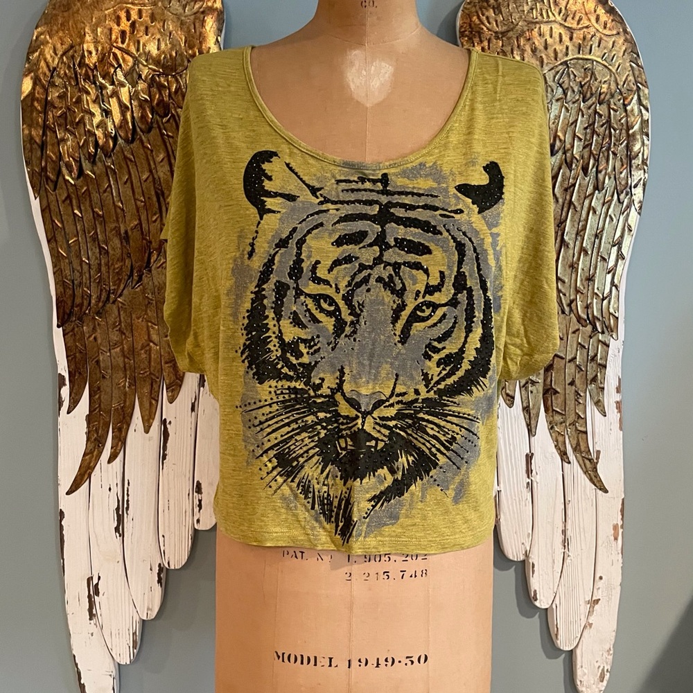 Vintage Citron Green Rhinestone Tiger’s Face Cropped Top